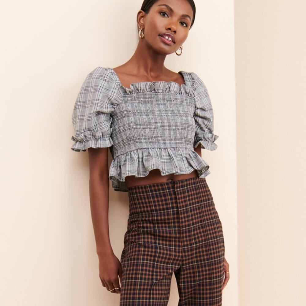 English Factory Plaid Smocked Puff Sleeve Peplum Top Black White Medium